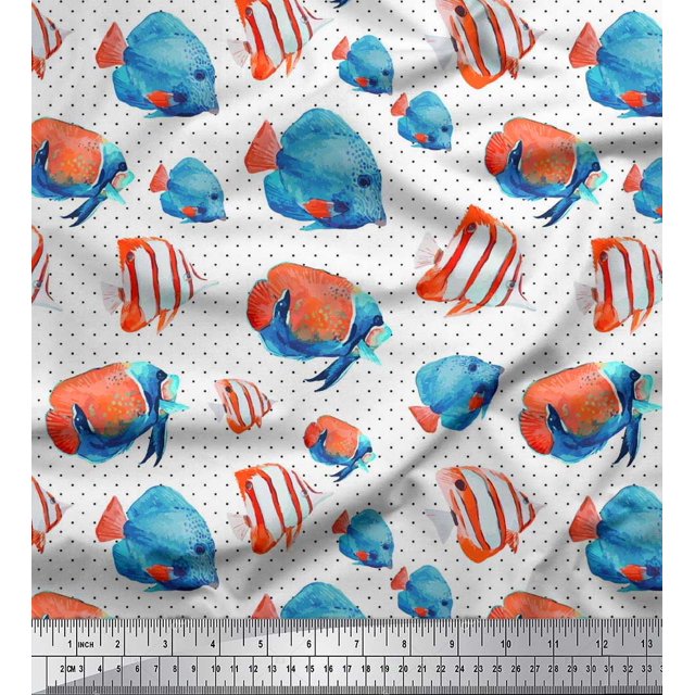 Soimoi Georgette Viscose Fabric Dot & Fish Ocean Print Fabric by Yard 42 Inch Wide