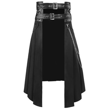 Lovskoo 2024 Men Steampunk Gothic Asymmetric Pleated Skirt Casual Solid Halloween Fashion Short Skirt Utility Kilts Black Kilt Vintage Dress Black