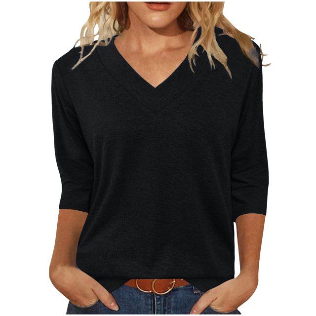 Amzcrzy Hauts pour Femmes Mode Manches 3/4 Hauts d'Été pour Femmes Couleur Unie Col Rond Hauts de Sortie Décontractés Confortables Hauts de Printemps T-Shirts
