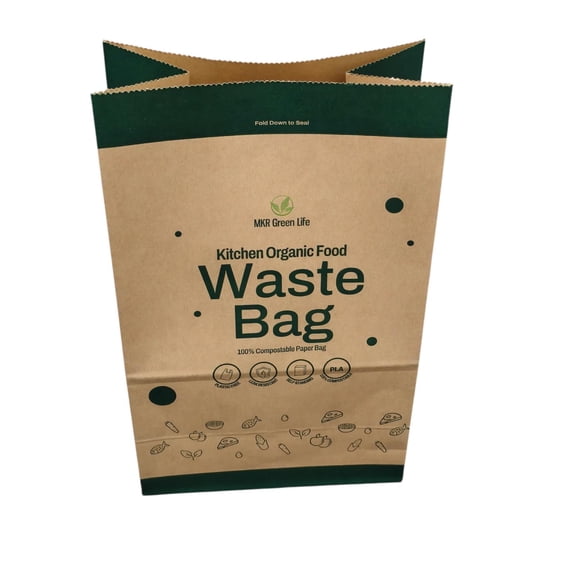 MKR Green Life Compost Paper Food Waste Bags, Leak-Resistant Kitchen Organics Bags, 32 Bags (7L, 12" x 8" x 5")