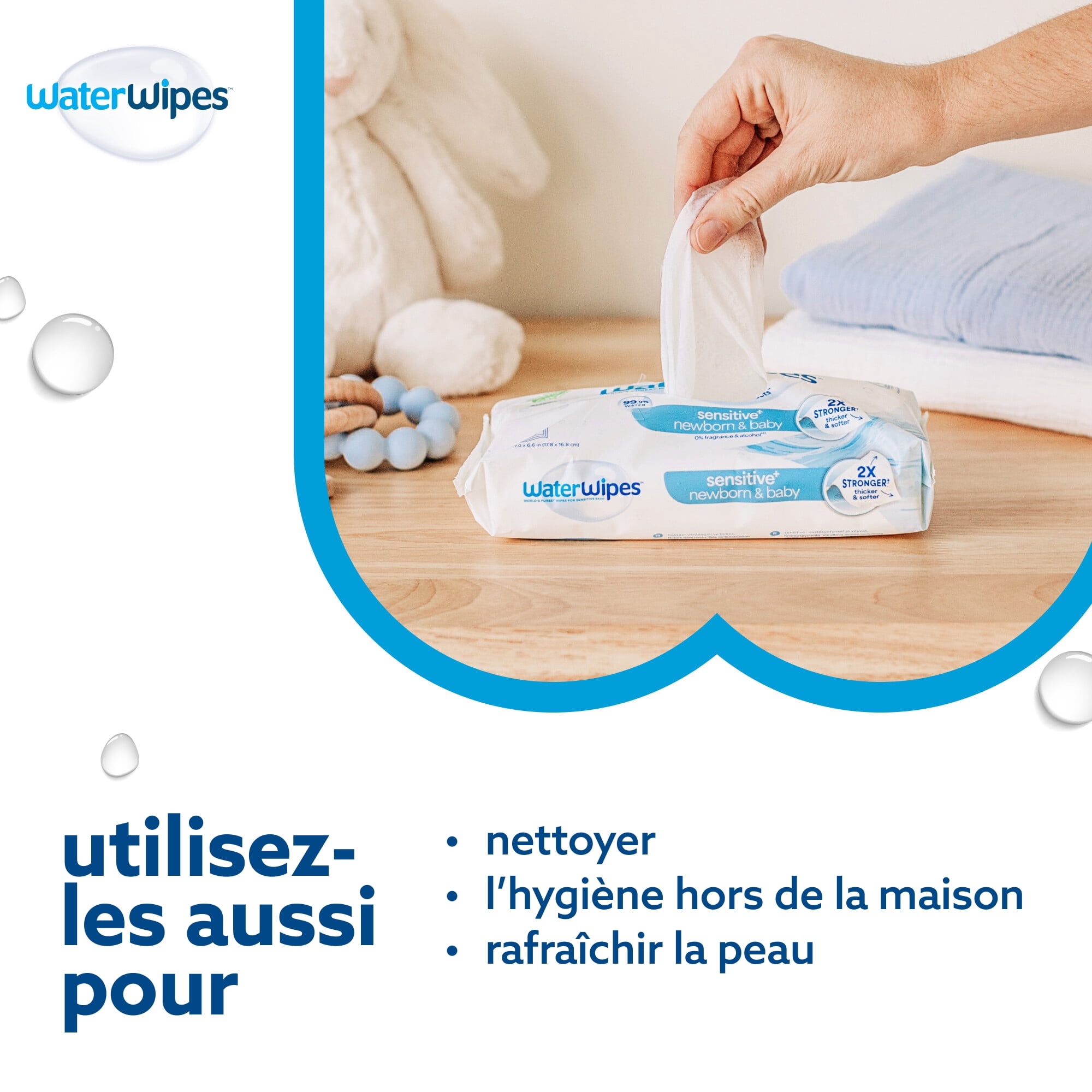 WaterWipes Sensitive Lingettes pour Nouveau-Nés & Bébés, 99.9 % d'Eau, Sans Parfum & Hypoallergéniques