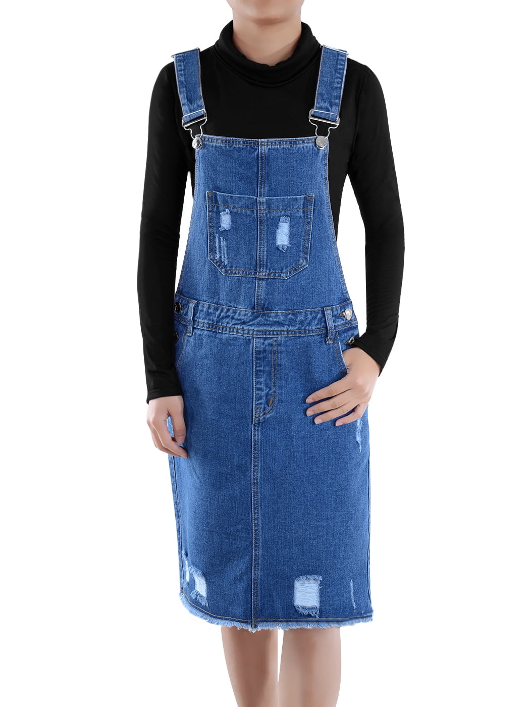 Junior Womens Distressed Denim Adjustable Strap Overall Dress