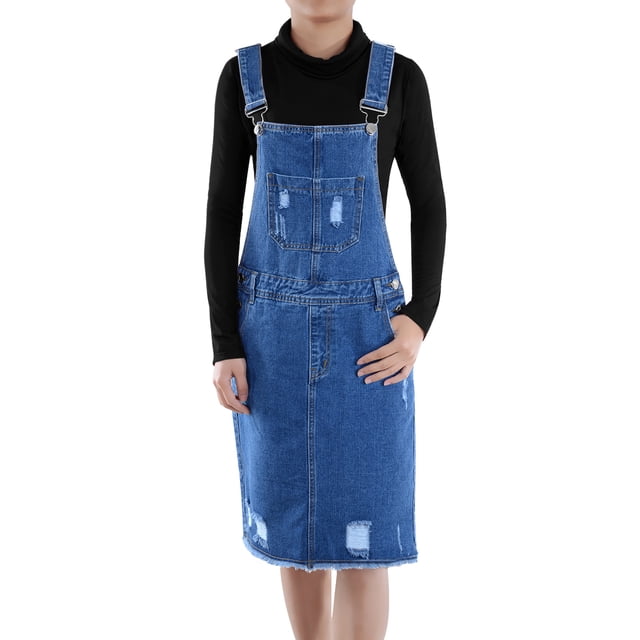 Robe Salopette en Denim Usé à Bretelles Ajustables pour Jeunes Femmes