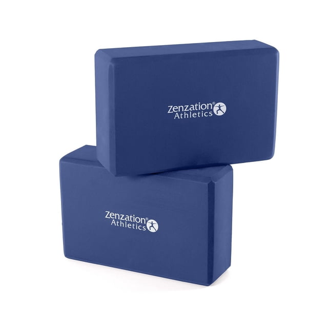 Twin Block Set of two blue EVA foam yoga blocks measuring 3 by 6 by 9 inches with beveled edges and Zenzation Athletics logo, designed to support and cushion the body, improve stretch and stability in yoga poses, and suitable for placement under hips, hands, or heels.