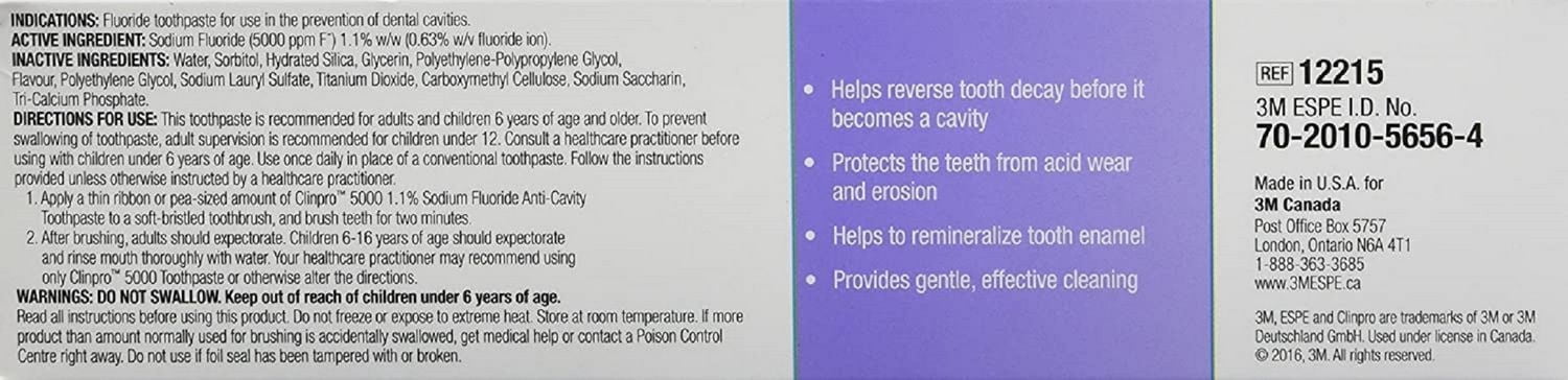 Clinpro 5000 1.1 % Fluorure de Sodium Menthe Vanille Dentifrice Anticaries / Aide à Enrayer la Carie Dentaire avant Qu'elle Ne Creuse une Cavité / Protège les Dents de l'Usure Acide et de l'Érosion / Aide à Reminéraliser à
