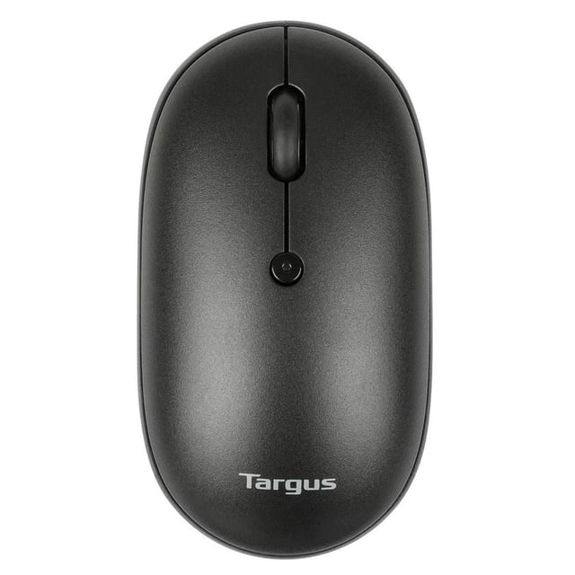 Targus AMB581GL Compact Antimicrobial Wireless Mouse in matte black with an oval, pebble-shaped design, featuring a scroll wheel, two buttons, and a small central button above the Targus logo, designed for ambidextrous use and wireless connectivity via 2.4 GHz or Bluetooth, suitable for multi-device use and portable workspaces.