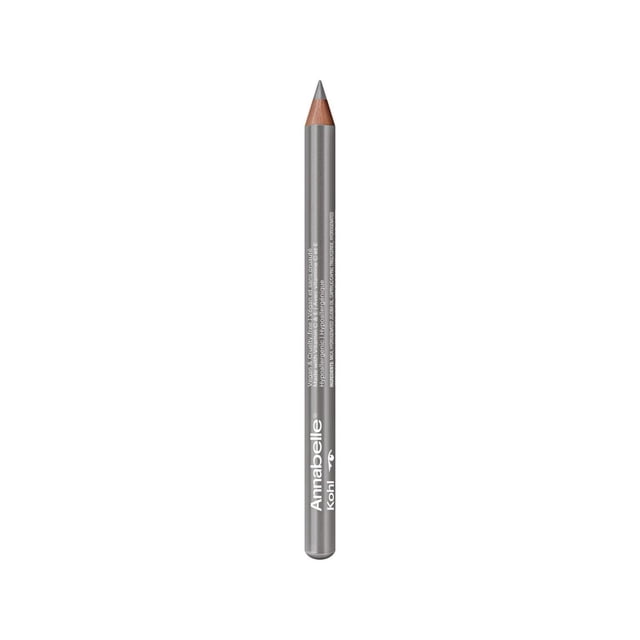 Annabelle Metallic Kohl Long-Lasting & Intense Vegan Eyeliner pencil with a sharpened grey tip and metallic grey barrel featuring white branding text, ideal for precise eye makeup application and long-lasting wear, suitable for sensitive eyes and contact lens wearers.