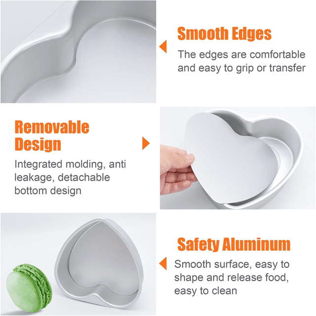 8 Inch Heart Shaped Cake Pan, aluminum alloy with a silver finish, featuring a removable base for effortless cake release. This non-stick springform baking pan has smooth edges for easy handling and ensures flawless dessert presentation. Perfect for baking cakes, cheesecakes, and mousse, it offers even heat distribution for consistent results. Suitable for family dinners, festive gatherings, or gifting to baking enthusiasts, this heart cake mould enhances every baking experience.