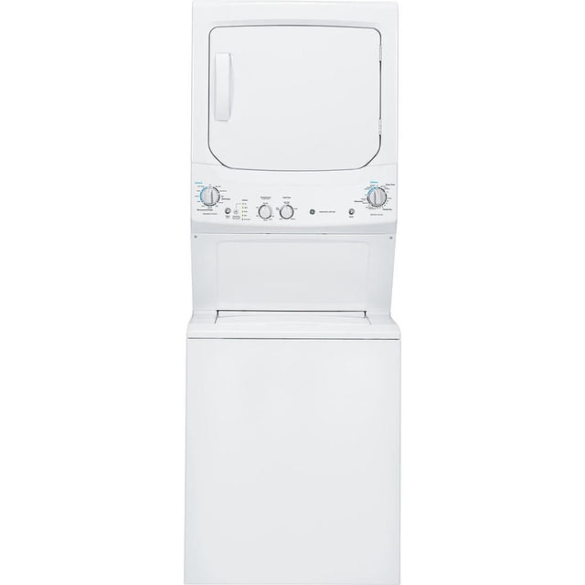 Electric Unitized Spacemaker Laveuse de 4,4 Pi3 (IEC) et Sécheuse de 5,9 Pi3 en Blanc par GE, Modèle GUD27ESMMWW. Ce centre de Lessive Unitized Présente une Conception Compacte avec une Laveuse à Chargement par le Haut et une Sécheuse à Chargement Frontal. la Laveuse Comprend un Panier de Lavage en Acier Inoxydable, 9 cycles de Lavage, 4 Niveaux d'Eau et un Mécanisme d'Agitation. la Sécheuse Offre 4 cycles de Séchage, 4 Sélections de Chaleur et un Filtre Anti-