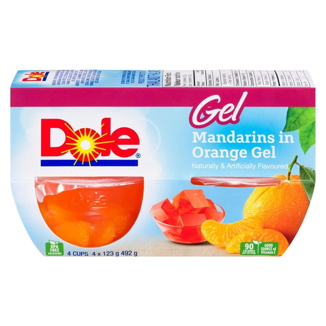 Dole Mandarins in Orange Gel pack with four clear cups containing mandarin orange segments in orange-flavored gel, BPA-free packaging, and nutritional details, offering a convenient canned fruit snack rich in vitamin C.