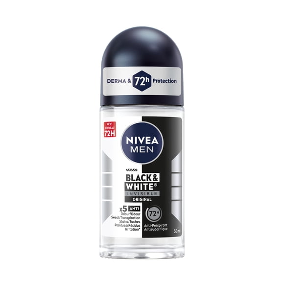 NIVEA MEN Black & White Invisible Roll-On 72-Hr Antiperspirant Deodorant, Original, 50mL