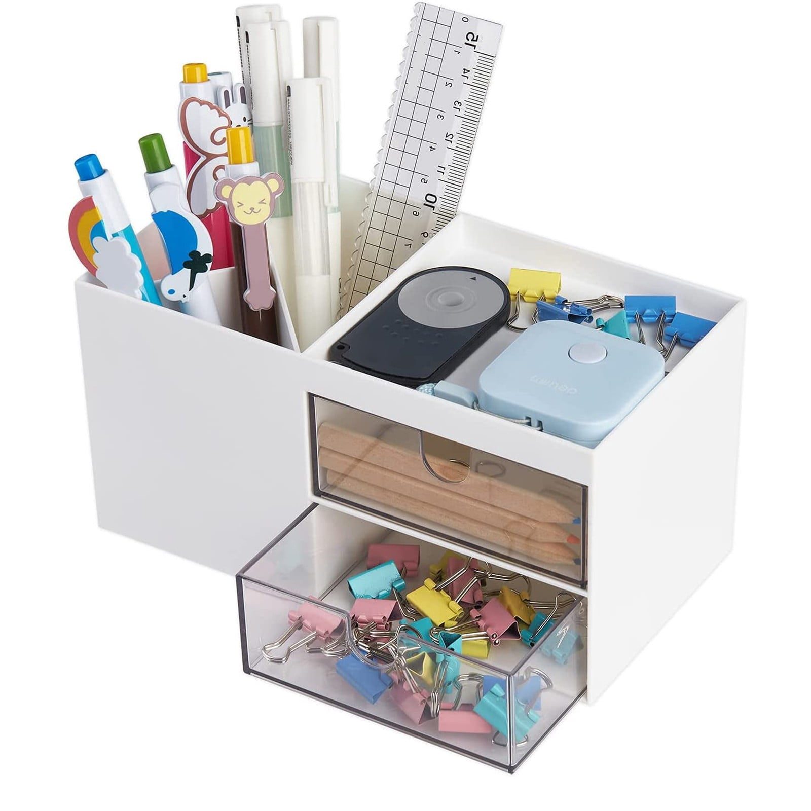 Pencil Pen Holder for Desk, Plastic Office Desk Accessories Organizer, Business Card/Mobile Phone/Stationery Holder Storage Box, White