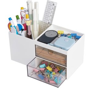 Pencil Pen Holder for Desk, Plastic Office Desk Accessories Organizer, Business Card/Mobile Phone/Stationery Holder Storage Box, White