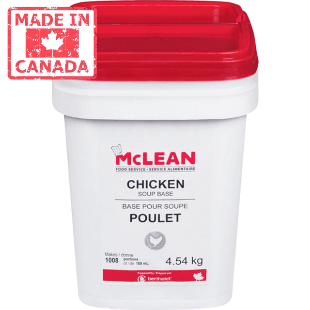 MCLEAN Chicken Soup Base 4.54 kg container with a white body and red lid. The label displays bilingual text, including 'Chicken Soup Base' and 'Base pour soupe Poulet,' along with the weight of 4.54 kg. The packaging highlights 'Made in Canada' branding and includes nutritional and ingredient details. Suitable for bulk pantry storage or large-scale cooking needs.