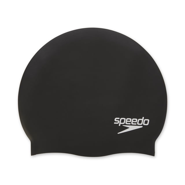 Speedo Adult Waterproof Silicone Swim Cap in black with a smooth, latex-free silicone material and ergonomic 3D contoured shape for a comfortable, snug fit, featuring the white Speedo logo on the side, designed to reduce drag and protect hair from chlorine during swimming.