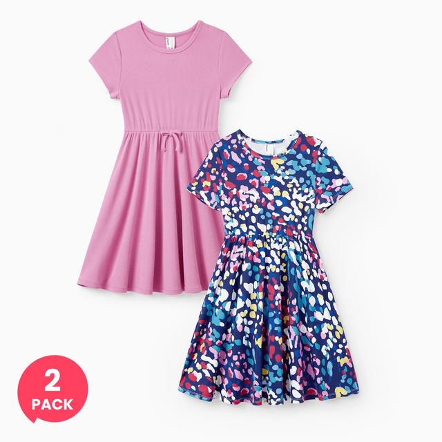 PatPat 2-Pack Toddler/Kid Girl Printed & Solid Causal Dress