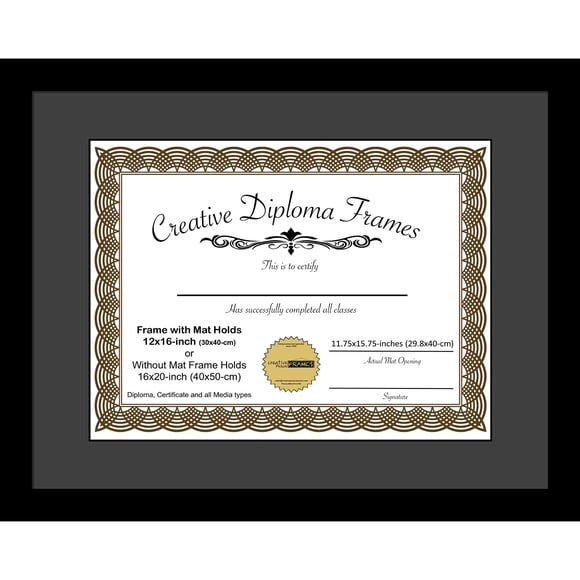 Creative Picture Frames 12x16 Classic Black Diploma Frame with Black Mat Glass Easel and Installed Wall Hangers | Frame Holds 16x20 Media without Mat