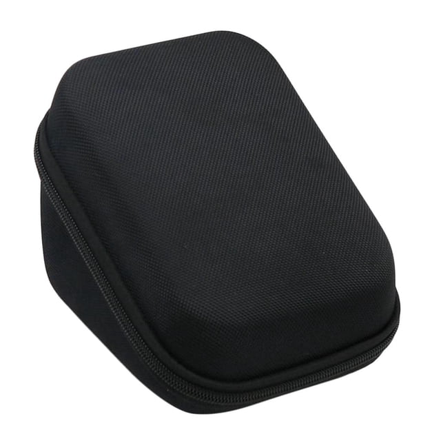 Caseling EVA Hard Case Storage Bag designed to fit upper arm blood pressure monitors with dimensions of 5.7 inches long, 4.8 inches wide, and 3.5 inches high. Made from durable EVA material, it is semi-waterproof, shockproof, and features a soft velvet interior for added protection. The case includes a steady hand strap for portability, a 360-degree zipper for easy access, and internal mesh and rubber rope for securing accessories. Shown in a black finish.