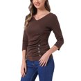 thumbnail image 4 of INSPIRE CHIC Women's Ruched Blouse Button Decor V Neck 3/4 Sleeve Solid Knit Top Coffee Brown M, 4 of 5