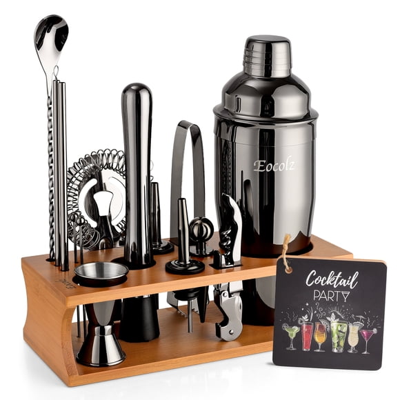 Ensemble de Shaker à Cocktail Kit de Barman avec Support Outil de Bar Ensemble de Bar pour Mélanger des Boissons Kit de Barman à la Maison Accessoires de Chariot de Bar : Shaker à Martini Cuillère Mélangeuse Jigger Muddler Passoire Cadeaux (Black Cobbler - 17)