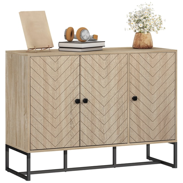 HOMCOM Modern Sideboard, Buffet Cabinet with Adjustable Shelves, Oak. Features a chevron pattern on four doors, a chic two-tone oak wood grain finish, and square black handles. Includes adjustable shelves for versatile storage and a steel base with non-slip pads for stability. Ideal for kitchen storage, buffet tables, or entryway organization.