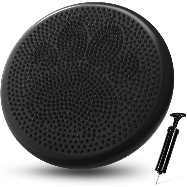 Trideer Wobble Cushion with Inflation Pump, a black extra-thick wiggle seat designed for sensory kids and core balance exercises. The cushion features a textured, non-slip surface for improved grip and measures 34cm (13.4 inches) in diameter. It includes an easy-to-use inflation pump for adjustable firmness. Suitable for improving posture, relieving back pain, and enhancing balance and core strength. Maximum weight capacity is 1000 lbs.