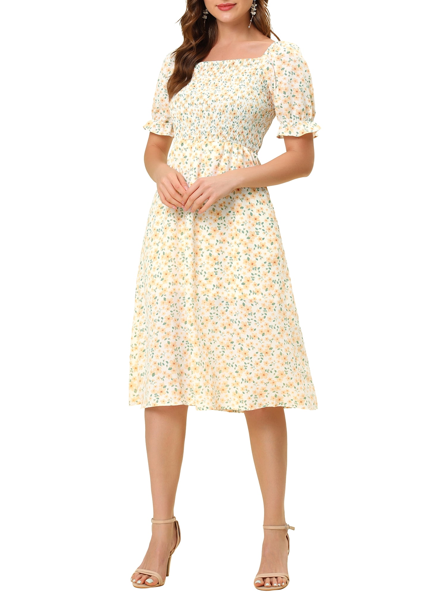 INSPIRE CHIC Robe pour Femme Smockée à Fleurs à Encolure Carrée Manches Courtes Bouffantes Printemps Été Robes Midi Orange TP