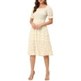 thumbnail image 1 of INSPIRE CHIC Robe pour Femme Édition Smockée Florale Col Carré Manches Courtes Bouffantes Printemps Été Robes Midi Orange m, 1 of 6