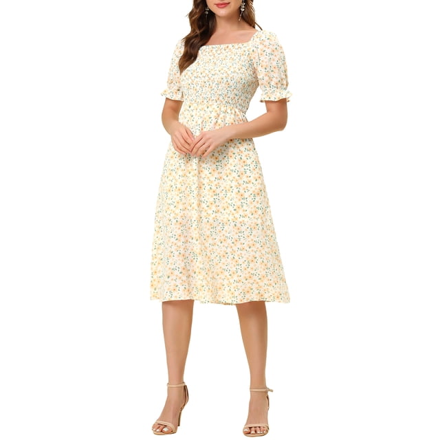 INSPIRE CHIC Robe pour Femme Édition Smockée Florale Col Carré Manches Courtes Bouffantes Printemps Été Robes Midi Orange m
