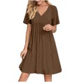 thumbnail image 1 of LOVZFMLL Robe d'Été pour Femme Décontractée Évasée à Manches Courtes, Col en V, à Étages, Ligne A, Fluide, Robe de Plage à Volants Longueur Genou, Robe Soleil Brun TTG, 1 of 9