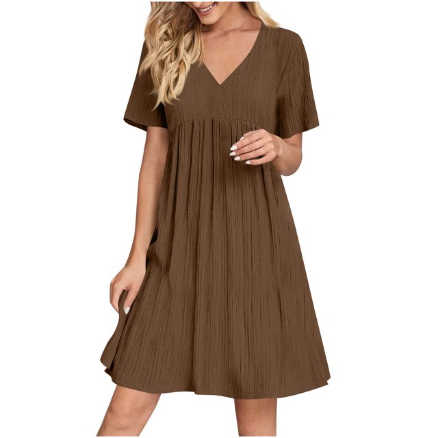 LOVZFMLL Robe d'Été pour Femme Décontractée Évasée à Manches Courtes, Col en V, à Étages, Ligne A, Fluide, Robe de Plage à Volants Longueur Genou, Robe Soleil Brun TTG