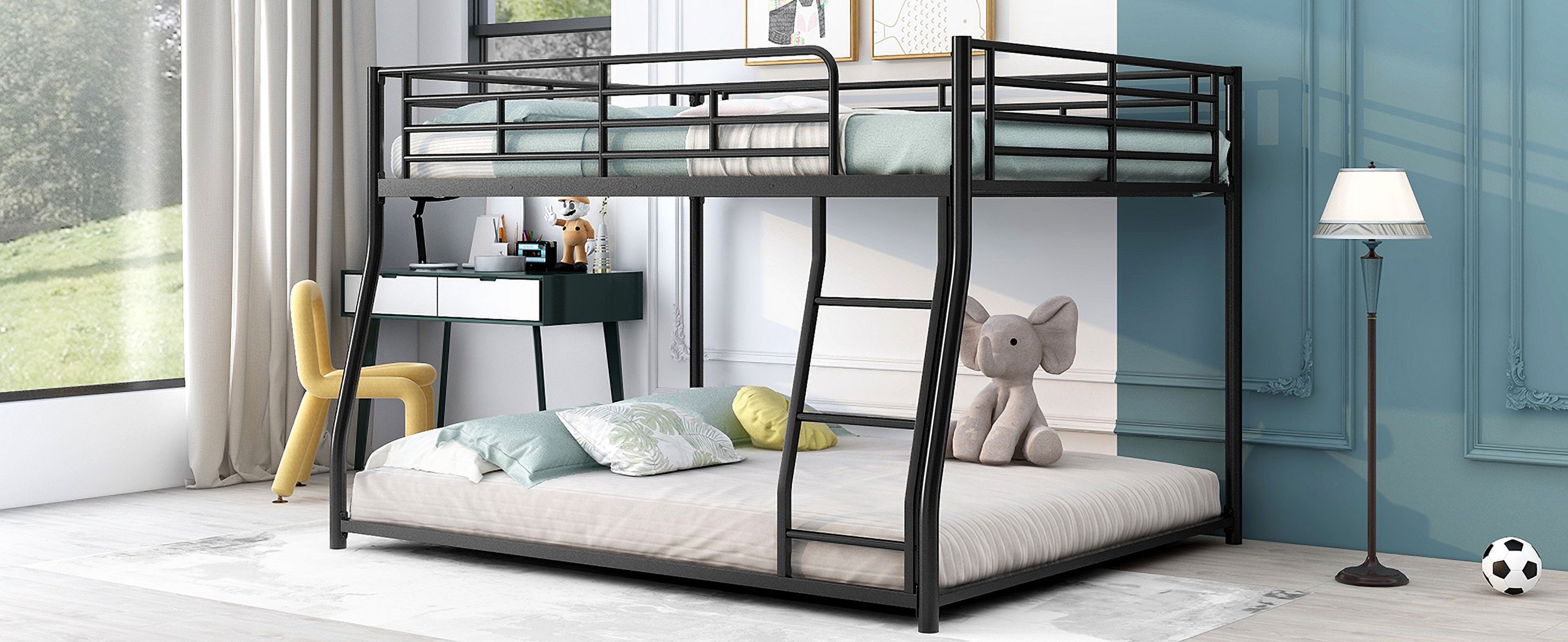 Noble House Full XL Over Queen Metal Bunk Bed,Black Industrial Frame with Guardrails & Slats,Black