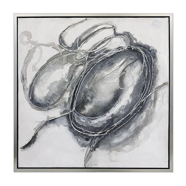 Home Gear Framed Artwork set of 2 featuring hand painted abstract grey canvas prints with raised textured 3D paint forming swirling oval and circular patterns, gallery framed and ready to hang, suitable for enhancing home décor wall art and living spaces.