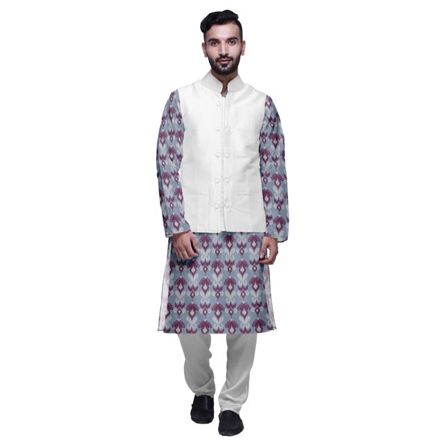 Atasi Ensemble Kurta Pyjama Indien pour Hommes, Veste Imprimée Classique Décontractée