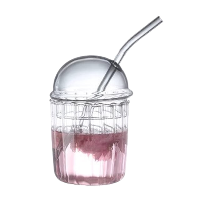 Amzcrzy Cups Cute Drinking Glasses With Glass Dome Lid and Straw, Reusable Wide Mouth Milkshakes Cups 15Oz Glass Coffee Iced Cup for Home Office Bar Glass Cup Coffee Cups Coffee Mug