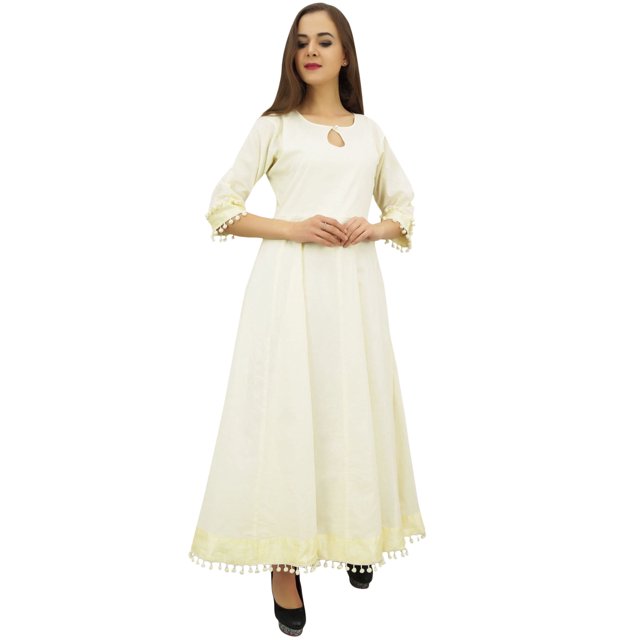 Bimba Robe Anarkali Classique en Coton Crème Évasée avec Pompons et Foulard - 24
