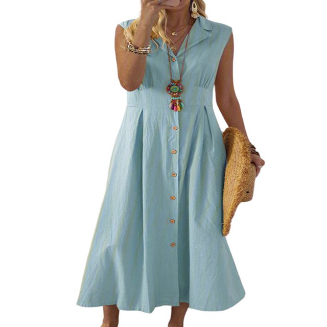 CHUANK Robe Maxi d'Été Sans Manches pour Femme en Mélange de Coton, Couleur Bleu Pâle Uni. Cette Robe Longueur Genou Présente un Col Rabattu, un design Sans Manches et une Coupe Trapèze avec une Taille empire. Elle a une Fermeture à Boutons à Simple Boutonnage et Convient aux occasions Estivales Décontractées.