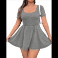 thumbnail image 1 of Women's Mini Dress Square Neck Short Sleeve Ruffle Hem Dresses with Built in Shorts Grey M, 1 of 10