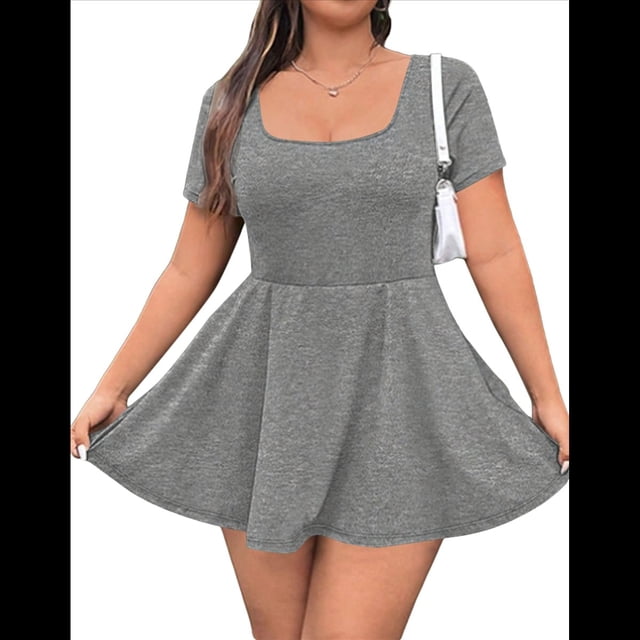 Women's Mini Dress Square Neck Short Sleeve Ruffle Hem Dresses with Built in Shorts Grey M