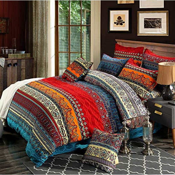 HNNSI Ensembles de Literie Bohémiens Exotiques à Rayures Format Grand 4 Pcs, Housse de Couette Bohème en Coton Brossé avec Drap Plat, Sans Couette (Ensembles de Draps Plats, Grand)