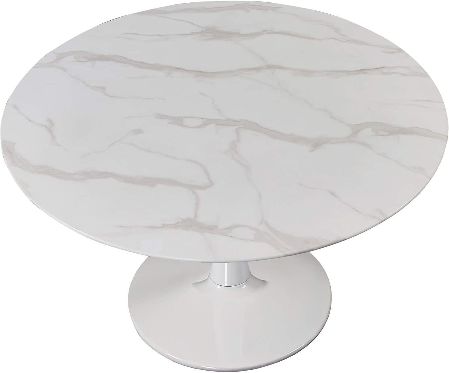 Table de salle à manger ronde en faux marbre blanc Leo avec base tulipe 36"
