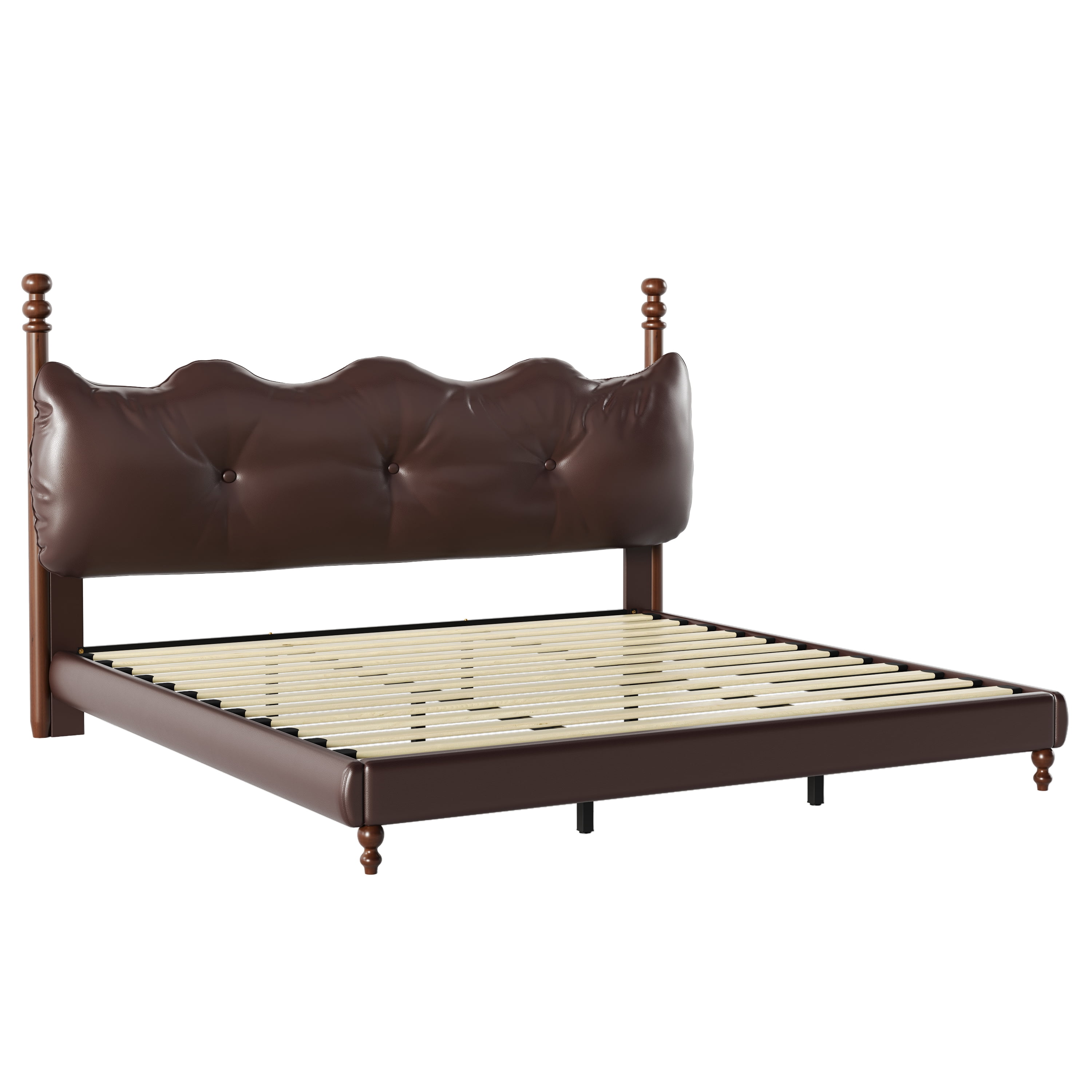 Noble House Lit Plateforme Grand Rembourré avec Tête de Lit, Cadre de Lit en Cuir PU avec Poteaux en Bois, Brun