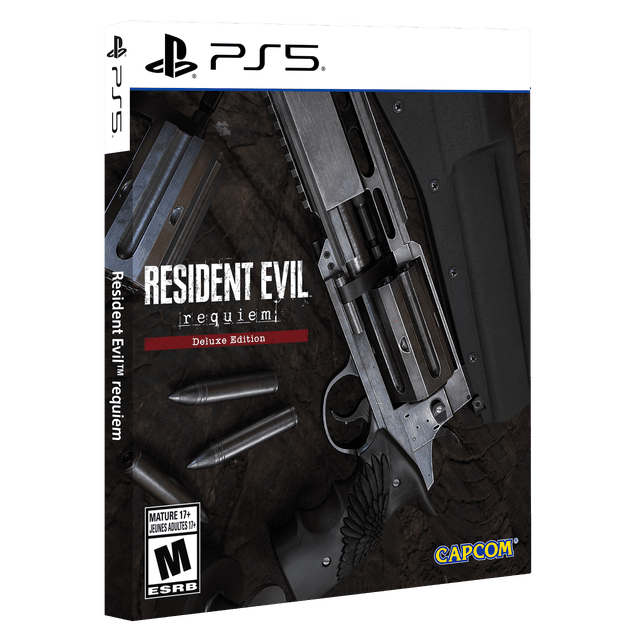 Resident Evil™ Requiem Deluxe Edition Steel Book for PlayStation 5 showing a close-up of a silver revolver with engraved black grip and three bullets on a dark textured surface, featuring the Capcom logo and ESRB Mature 17+ rating, suitable for collectors of survival horror games.
