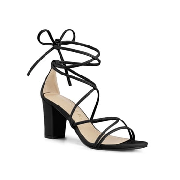 BLISSFUL STEP Chaussures pour Femmes à Bout Ouvert à Lacets Talon Bloc Sandales à Brides Noir 8,5