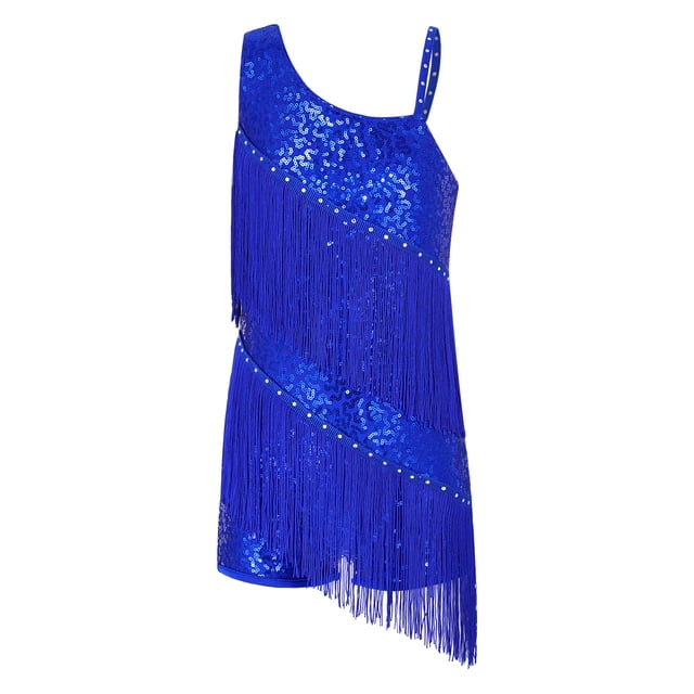 Ocealan Robe de Danse Latine pour Filles Sequins Jazz Moderne Fête d'Anniversaire Jupe à Franges Justaucorps Bleu Royal 6