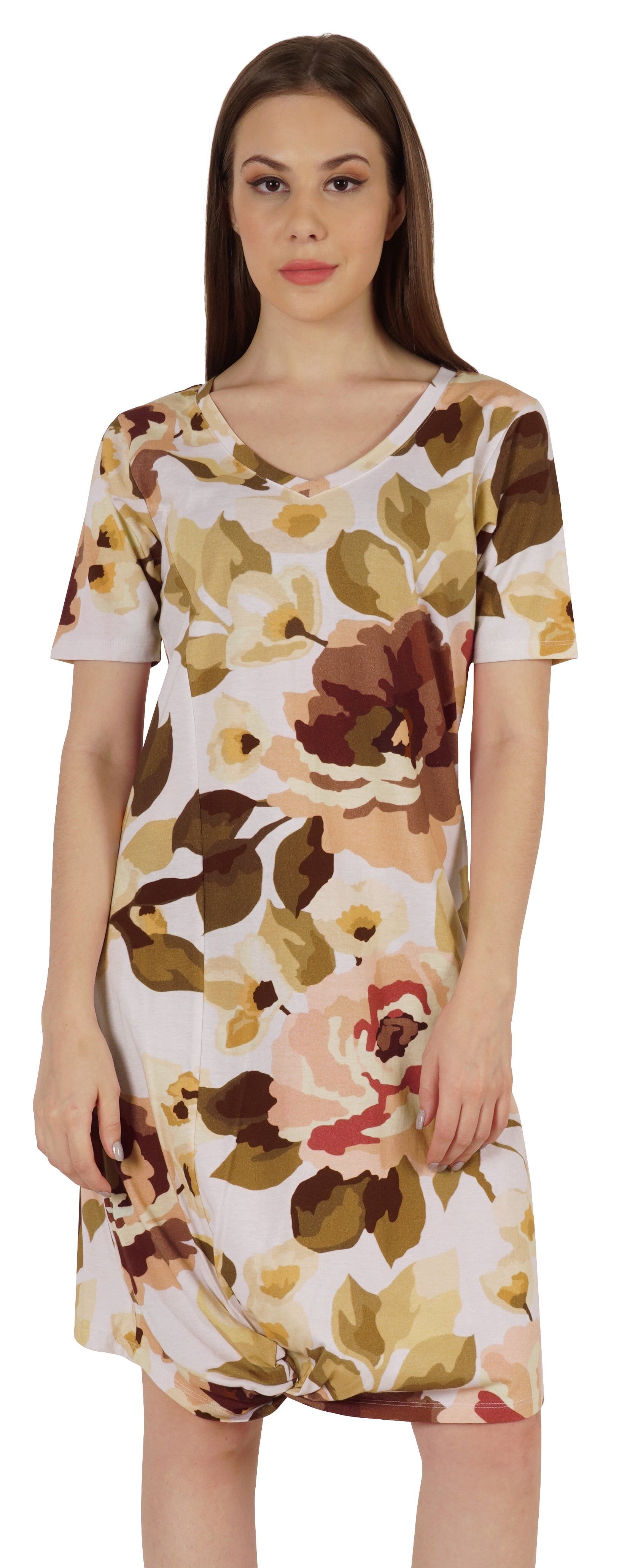 Moomaya Cotton Jersey Printed Midi Dress For Women V-Neck Summer Short Sleeves Knee Length Dress
