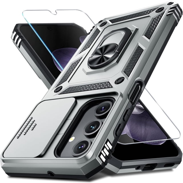 KOMI compatible with Samsung Galaxy A16 5G case in silver, featuring a built-in slide camera lens cover, tempered glass screen protector, and a 360° rotating finger ring holder kickstand. The heavy-duty shockproof design includes a dual-layer construction with a TPU bumper and hard PC back for enhanced drop protection. The case also has raised edges for camera and screen safety, anti-slip texture, and a metal sheet for magnetic car mounts. Wireless charging is not supported due to the metal ring. Includes one case and one screen protector.
