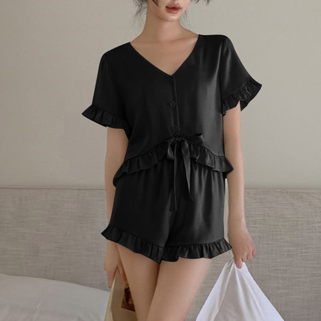 TopLLC Ensembles de Pyjama Ensembles de Détente pour Femmes, Vêtements de Nuit pour Femmes Vêtements d'Intérieur Décontractés pour Femmes Hauts à Manches Courtes Pantalons Col Rabattu Pyjamas de Nuit Ensembles de Pyjama