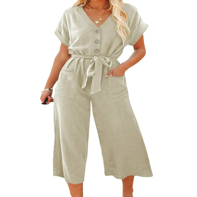 Combinaisons à Jambe Large pour Femmes Boutons devant et Col Roulé Combinaison d'Été avec Poches Ceinture
