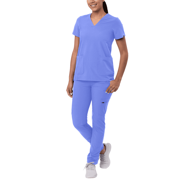 Adar Addition Go-Basic Scrub Set For Women featuring a slim V-neck scrub top and skinny cargo scrub pants in a vibrant blue color. The top includes two front patch pockets with tech storage, while the pants offer multiple pockets, including two cargo, three front, and two back pockets, along with a shear sleeve. Made from a 4-way stretch fabric blend of 89% polyester and 11% spandex, this set is moisture-wicking, wrinkle-resistant, and designed for comfort and durability. Ideal for medical professionals such as nurses, doctors, and EMTs.